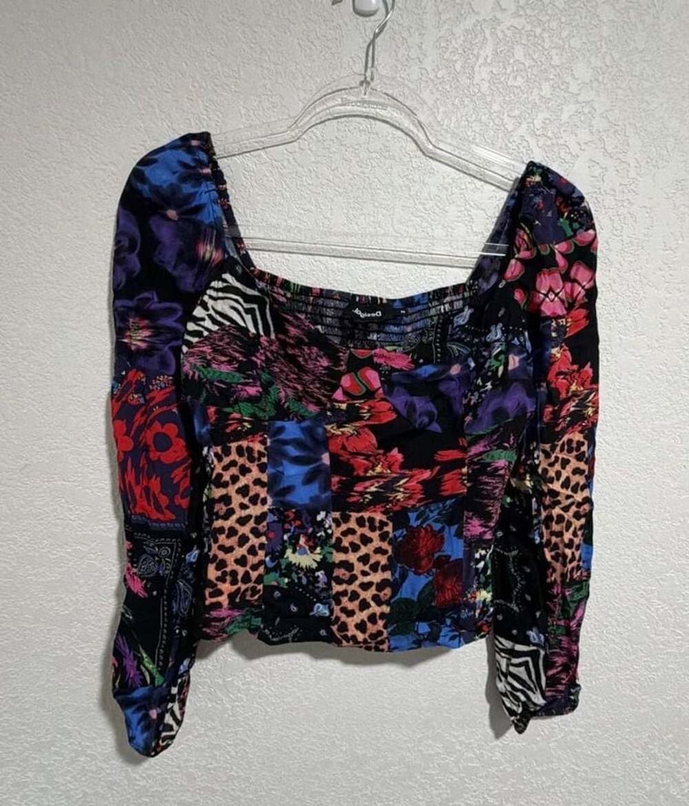 Desigual Patchwork Blouse Size M Multi Floral Long Sleeve Corset Top